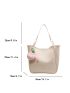 Letter Graphic Hobo Bag With Bag Charm & Inner Pouch Beige