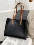 Studded Decor Shoulder Tote Bag Double Handle With Inner Pouch Black PU Elegant