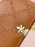 Flower Embossed Small Wallet With Zipper Trifold Brown PU