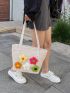 Medium Straw Bag Flower Decor Vacation