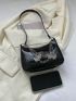 Crocodile Embossed Hobo Bag Chain Decor Black