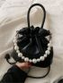 Faux Pearl Beaded Bucket Bag Drawstring Design Black