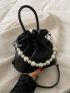 Faux Pearl Beaded Bucket Bag Drawstring Design Black
