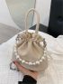 Faux Pearl Beaded Bucket Bag Drawstring Design Beige