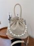 Faux Pearl Beaded Bucket Bag Drawstring Design Beige