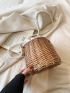 Mini Straw Bag Faux Pearl Chain Design Drawstring