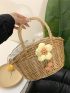 Medium Straw Bag Double Handle Flower Decor