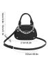 Small Satchel Bag Chain Decor Double Handle Solid Black