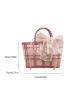 Colorblock Square Bag Double Handle Twilly Scarf Decor With Inner Pouch, Clear Bag