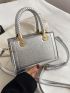 Litchi Embossed Square Bag Silver Metal Decor Double Handle