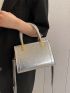 Litchi Embossed Square Bag Silver Metal Decor Double Handle