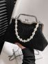 Small Square Bag Faux Pearl Decor Ruched Detail Chain Strap For Daily