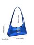 Geometric Embossed Baguette Bag Metallic Blue Buckle Decor Funky