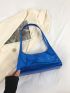 Geometric Embossed Baguette Bag Metallic Blue Buckle Decor Funky