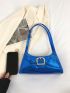 Geometric Embossed Baguette Bag Metallic Blue Buckle Decor Funky