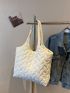 Small Quilted Shoulder Tote Bag Beige Fashionable Double Handle For Daily