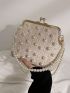 Small Straw Bag Faux Pearl Decor Chain Strap For Vacation