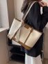 Large Tote Bag Fashionable Two Tone Twilly Scarf Decor Zipper With Double Handle For Shopping