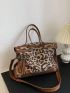 Fashionable Tote Bag Leopard Print Studded & Tassel Decor Zipper With Adjustable-strap