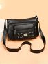 Black Square Bag Fashionable Buckle Decor Zipper With Adjustable-strap For Shopping