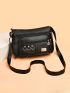 Black Square Bag Fashionable Letter Graphic Zipper With Adjustable-strap For Shopping