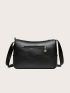 Black Square Bag Fashionable Letter Graphic Zipper With Adjustable-strap For Shopping