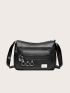 Black Square Bag Fashionable Letter Graphic Zipper With Adjustable-strap For Shopping