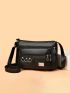 Black Square Bag Fashionable Letter Graphic Zipper With Adjustable-strap For Shopping