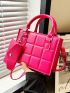 Mini Square Bag Quilted With Small Pouch PU Neon Pink Funky