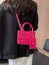 Mini Square Bag Quilted With Small Pouch PU Neon Pink Funky