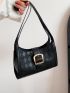 Argyle Embossed Baguette Bag Buckle Decor Double Handle Black PU