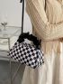 Checkered Pattern Satchel Bag Ruched Detail PU