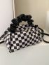 Checkered Pattern Satchel Bag Ruched Detail PU