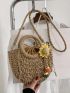 Flower Decor Straw Bag Drawstring Design Vacation