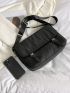 Letter Patch Messenger Bag Black Buckle Decor Flap For Work