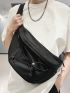 Oversized Fanny Pack Drawstring Detail Solid Black