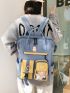 Colorblock Classic Backpack With Bag Charm Random Badge Decor For School