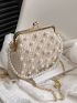 Pearl Decor Straw Bag Kiss Lock