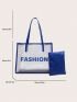 Contrast Binding Tote Bag With Inner Pouch PVC Letter Graphic, Clear Bag