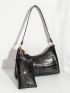 Crocodile Embossed Baguette Bag With Coin Purse Black Elegant