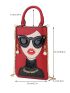 Funky Lady Face Satchel Bag Faux Pearl Decor Chain Strap Cartoon Figure Graphic Novelty Bag, Women's Top Handle Purse With Zipper Around, Personalized Shoulder Bag For Phone