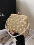 Small Straw Bag Faux Pearl Decor Chain Strap Kiss Lock Design