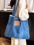 Raw Hem Shopper Bag Letter Patch Denim Preppy