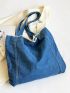 Raw Hem Shopper Bag Letter Patch Denim Preppy