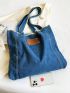 Raw Hem Shopper Bag Letter Patch Denim Preppy