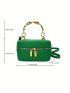 Mini Litchi Embossed Square Bag Metal Decor Top Handle For Daily