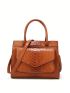 Snakeskin Print Square Bag Brown Elegant Double Handle For Work