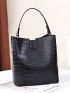 Crocodile Embossed Bucket Bag, Artificial Leather Shoulder Bag Women's Trendy Crossbody Bag