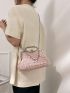 Faux Pearl Decor Satchel Bag Chain Top Handle Polyester