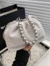 Beaded Strap Mini Bucket Bag Drawstring Design White